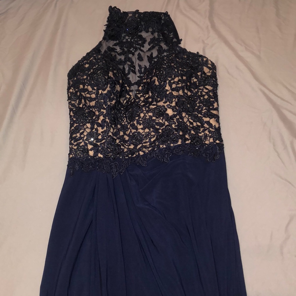Long navy blue studded dress with slit in leg